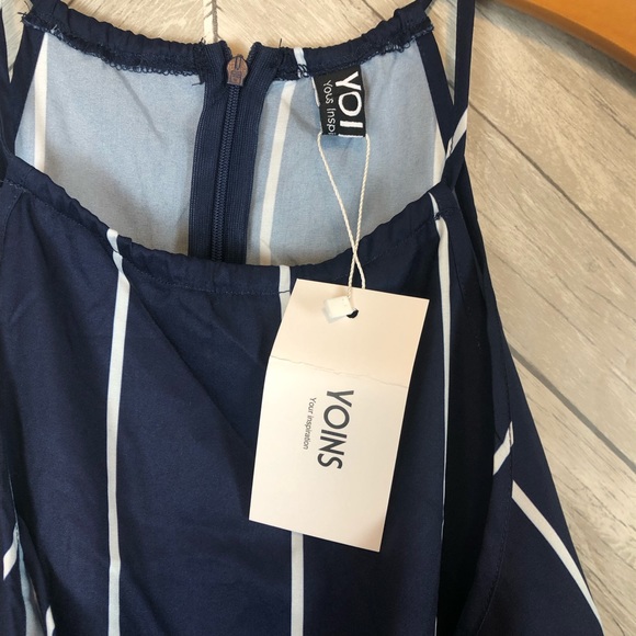 NWT Yoins Blue Stripe Romper Drawstring Waist - Picture 5 of 8